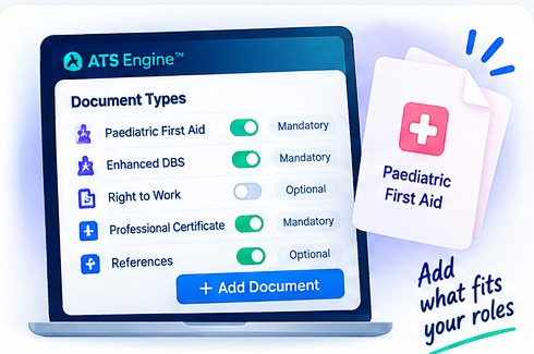 A Document Types screen listing paediatric first aid, enhanced DBS, right to work, a professional certificate and references, each switched mandatory or optional, with an Add Document button.