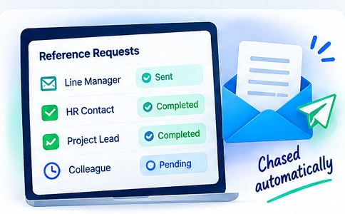 A Reference Requests panel showing requests to a line manager, HR contact, project lead and colleague at different stages: sent, completed and pending.