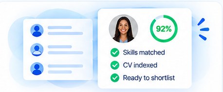 A migrated candidate record showing a 92 per cent match, with skills matched, CV indexed and ready to shortlist all ticked.
