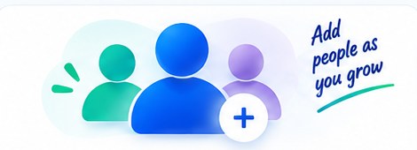 Three people with a plus sign, captioned add people as you grow &mdash; invite by seat: recruiters, hiring managers and admins added according to the size of your team.