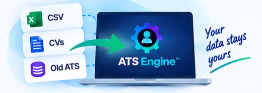 A CSV file, a folder of CVs and an old ATS database moving across into ATS Engine, captioned your data stays yours.