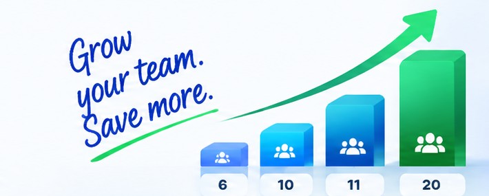 Four rising columns labelled 6, 10, 11 and 20 seats under a climbing arrow, captioned grow your team, save more.