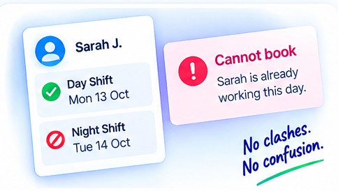 A candidate already booked on a day shift, with a second booking refused and the reason given: she is already working that day.