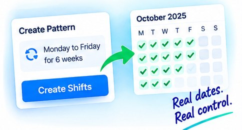 A Create Pattern panel set to Monday to Friday for six weeks, turning into a month calendar with each weekday individually ticked.