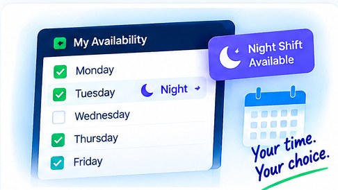A My Availability screen where a candidate has ticked the days they can work and marked Tuesday as a night shift.