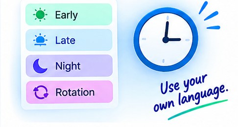 Shift names the agency has chosen for itself &mdash; early, late, night and rotation &mdash; each with its own icon, beside a clock.