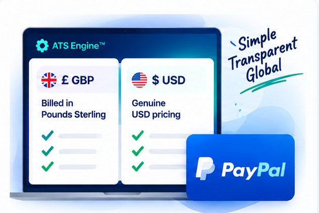 Two price panels side by side, one billed in pounds sterling and one in US dollars, above a PayPal mark.