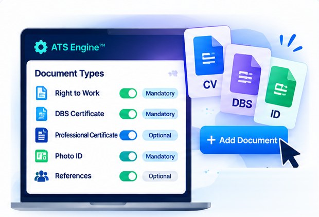 A Document Types screen listing right to work, DBS certificate, professional certificate, photo ID and references, each with its own mandatory or optional switch, beside an Add Document button.