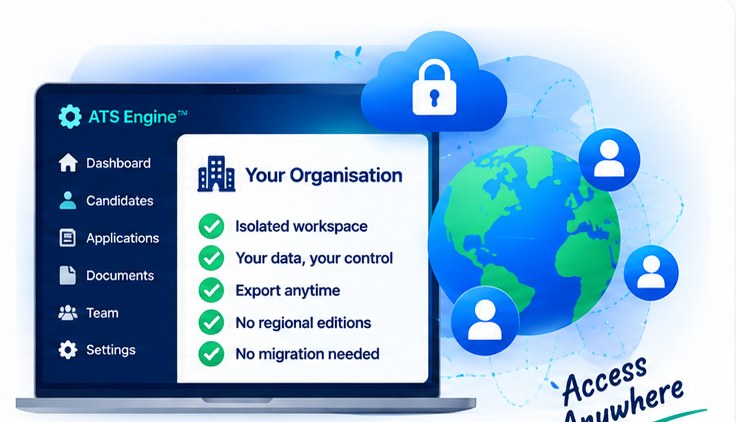A Your Organisation panel listing an isolated workspace, your data under your control, export at any time, no regional editions and no migration needed, beside a globe with people connected to it.