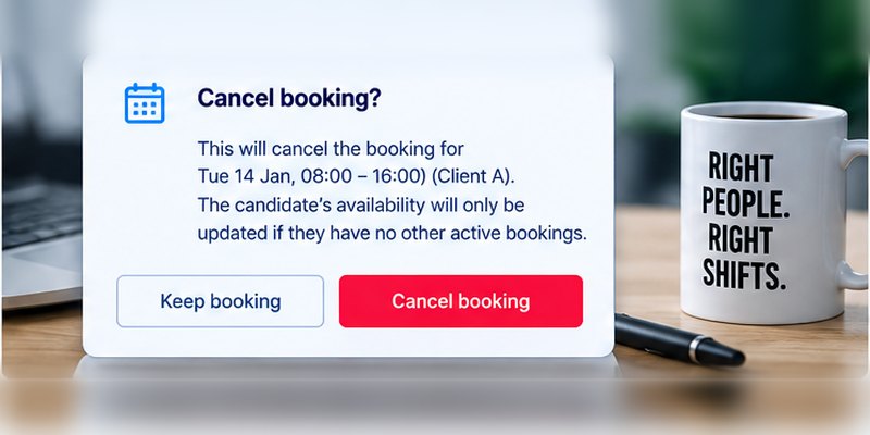 A cancellation dialogue explaining that the candidate&rsquo;s availability will only be updated if they have no other active bookings, beside a mug reading &ldquo;Right people. Right shifts.&rdquo;