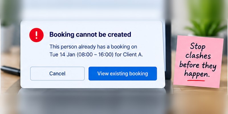 A refusal reading “Booking cannot be created — this person already has a booking on Tue 14 Jan (08:00 – 16:00) for Client A”, beside a note reading “Stop clashes before they happen.”