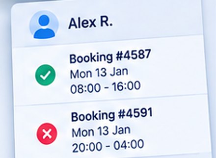 A candidate record showing two bookings on the same Monday, one kept and one cancelled.