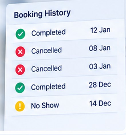 A booking history listing completed, cancelled and no-show bookings with their dates kept.
