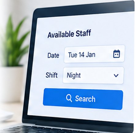A laptop showing an availability search: a date of Tue 14 Jan, a shift of Night, and a Search button.