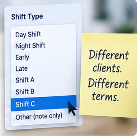 A fixed shift-type dropdown ending in &ldquo;Other (note only)&rdquo;, beside a note reading &ldquo;Different clients. Different terms.&rdquo;
