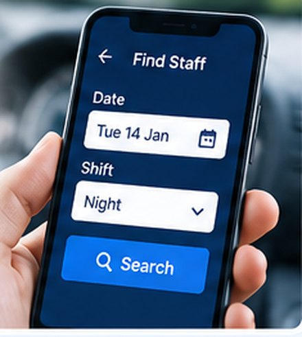 A hand holding a phone on a find-staff screen, choosing a date and a night shift.