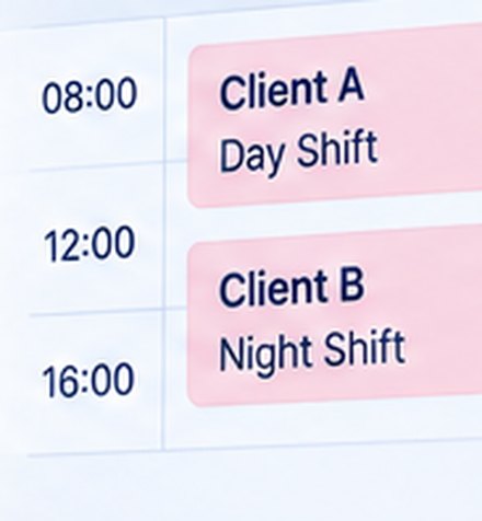 One day&rsquo;s schedule with the same candidate on Client A at 08:00 and Client B at 16:00.