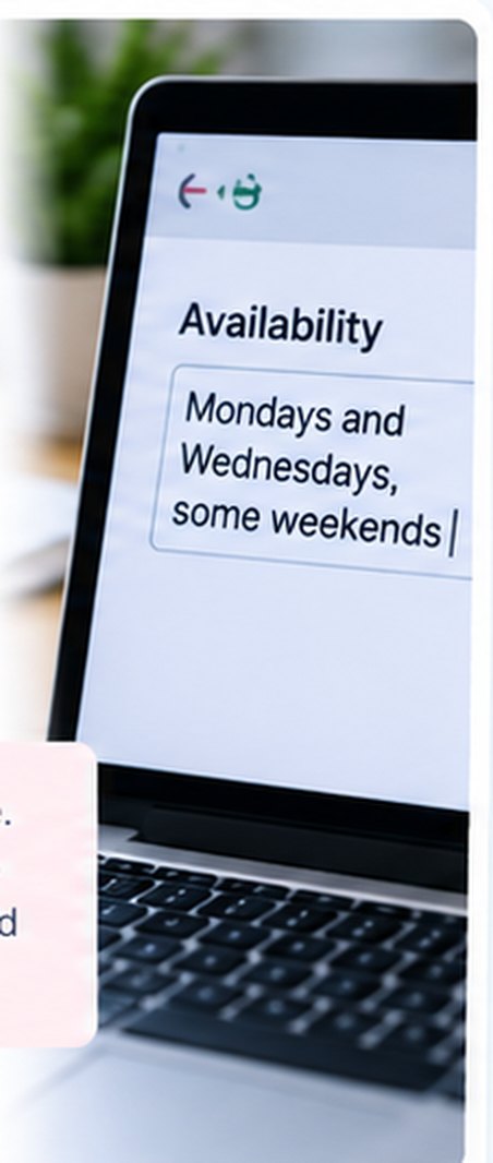 A laptop showing an availability field filled in as free text reading Mondays and Wednesdays, some weekends.