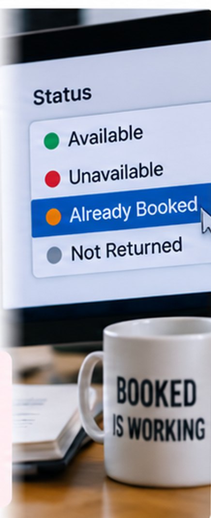 A status list showing available, unavailable, already booked and not returned, beside a mug reading booked is working.