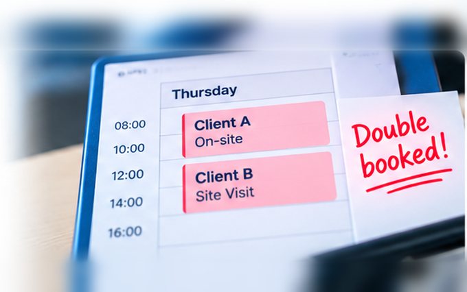 A Thursday schedule with the same candidate on Client A on-site at 08:00 and Client B site visit at 12:00, scrawled &ldquo;Double booked!&rdquo;.