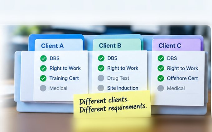 Three client folders side by side — Client A, Client B and Client C — each ticking a different set of documents, beside a note reading “Different clients. Different requirements.”
