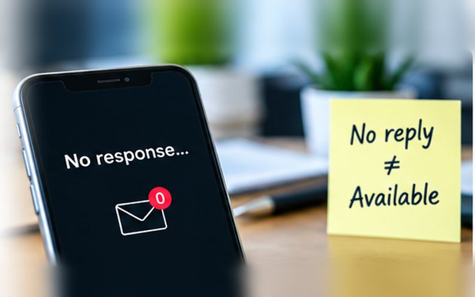 A phone lying on a desk showing “No response…” and an unopened message, beside a note reading “No reply ≠ Available”.
