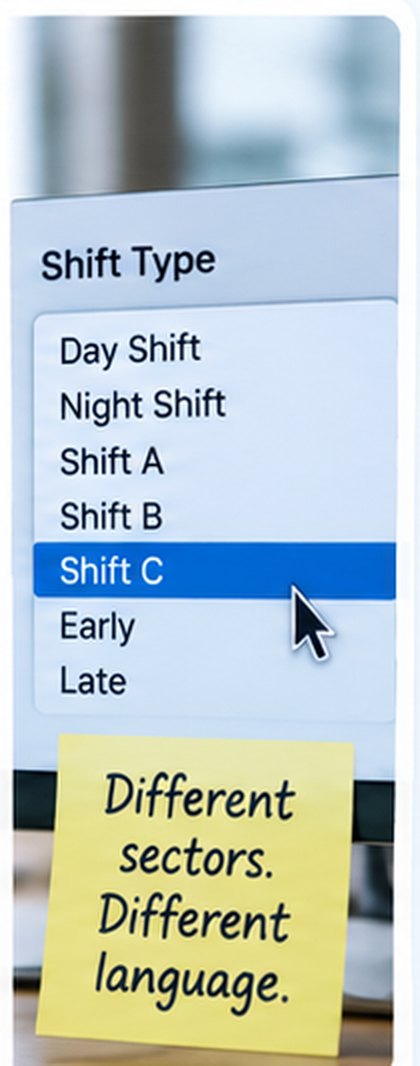 A shift type dropdown listing day shift, night shift, shift A, B and C, early and late, beside a note reading different sectors, different language.