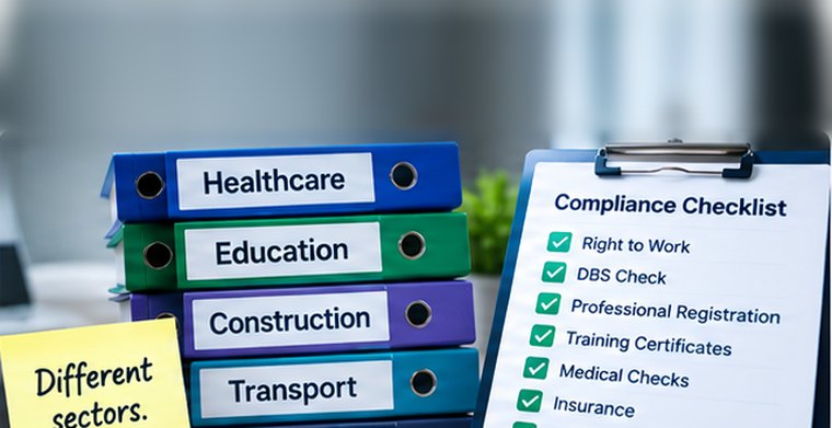 A stack of sector binders &mdash; healthcare, education, construction, transport &mdash; beside a compliance checklist of right to work, DBS, professional registration, training certificates, medical checks and insurance.