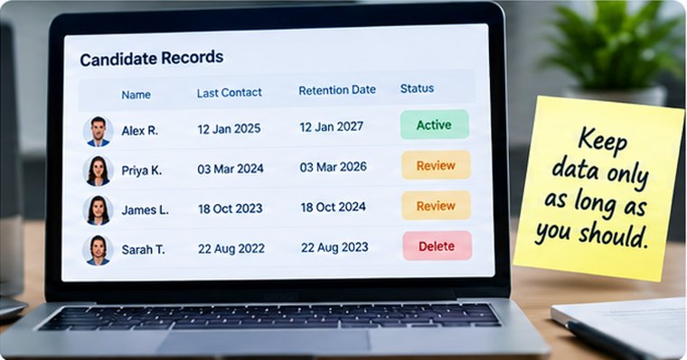 A candidate records table showing each person&rsquo;s last contact and retention date, beside a note reading &ldquo;Keep data only as long as you should.&rdquo;