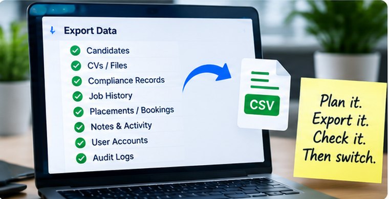 An export screen listing candidates, CVs, compliance records, job history, bookings, notes, user accounts and audit logs, beside a note reading “Plan it. Export it. Check it. Then switch.”