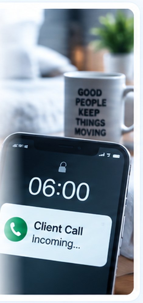 A phone showing an incoming client call at six in the morning, beside a mug reading good people keep things moving.