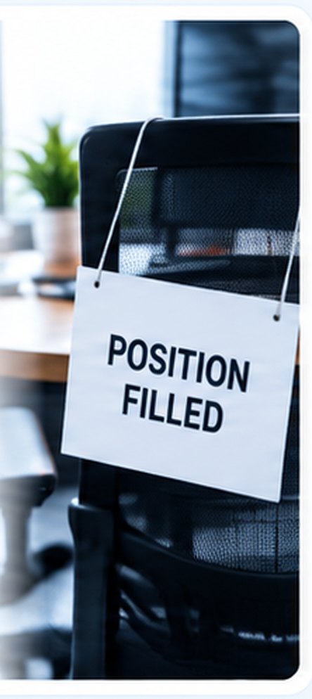 A position filled sign hanging on an empty office chair — a perm placement ends the record, while the same temp requirement is open again on Monday with a different person in it.