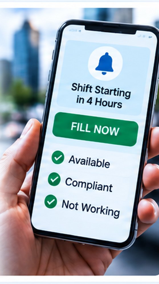 A phone held in one hand showing a shift starting in four hours with a fill now button, and ticks for available, compliant and not working.