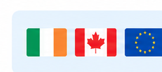 The flags of Ireland, Canada and the European Union.