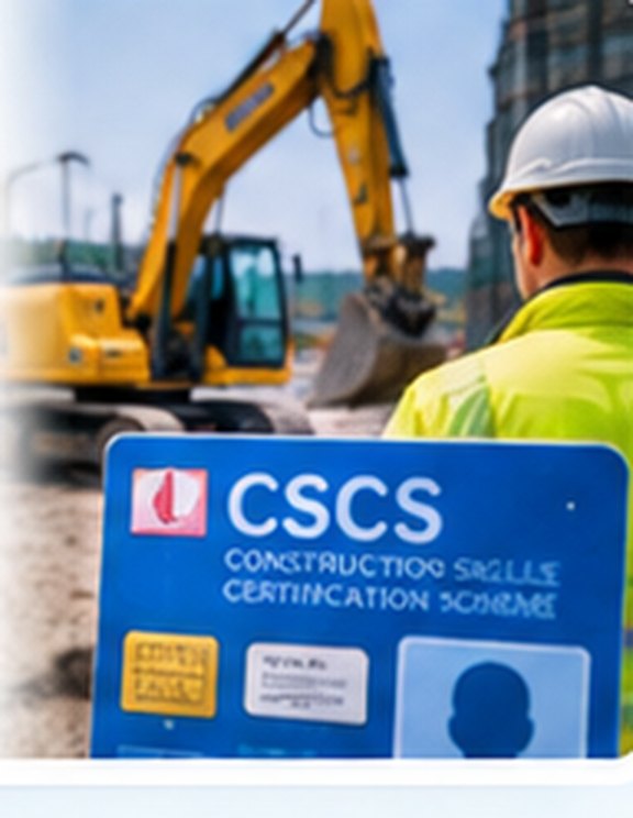 A CSCS card in front of an excavator and a worker in a hard hat and high-visibility jacket.