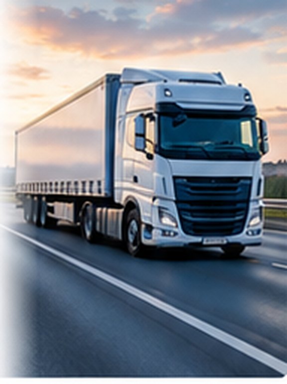 An articulated lorry on a motorway at dusk &mdash; driving and logistics, where the licence, its categories and the CPC card each run on their own clock.