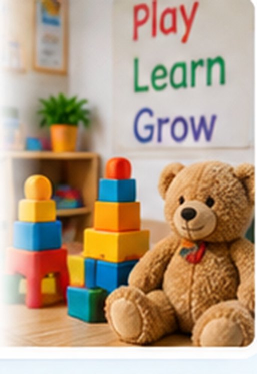 A teddy bear and stacking blocks in a nursery, under a wall sign reading play, learn, grow.