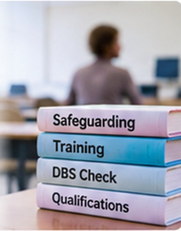 A stack of books labelled safeguarding, training, DBS check and qualifications in a classroom.