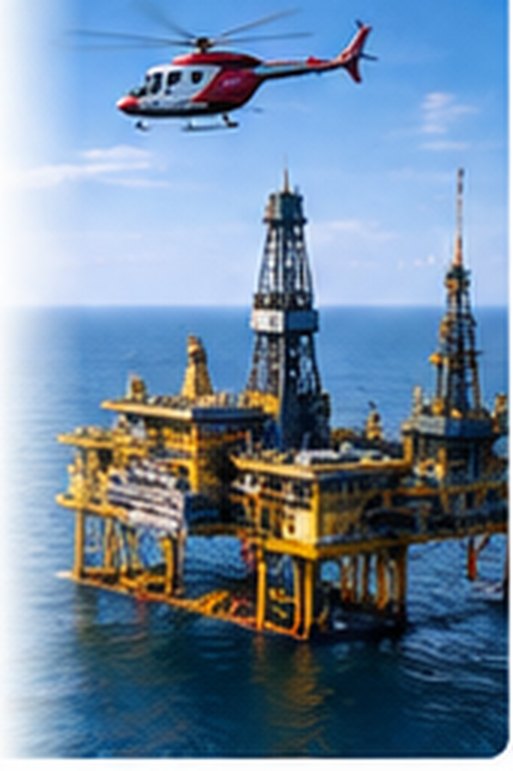 A helicopter approaching an offshore platform at sea &mdash; energy, oil and gas, where helicopter transfer needs a recorded shoulder measurement that fits no expiry field.