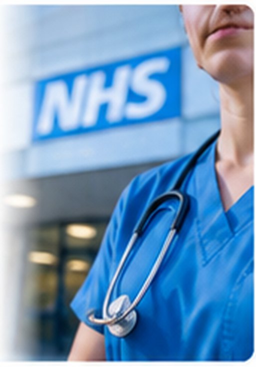 A nurse in scrubs with a stethoscope outside an NHS building &mdash; healthcare and social care, where a registration number has to be checked against the live register, not just recorded.