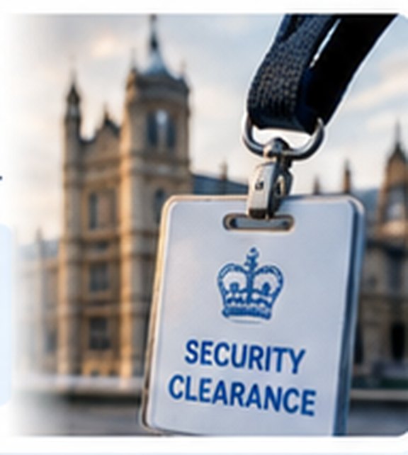 A security clearance pass on a lanyard, with the Palace of Westminster behind.