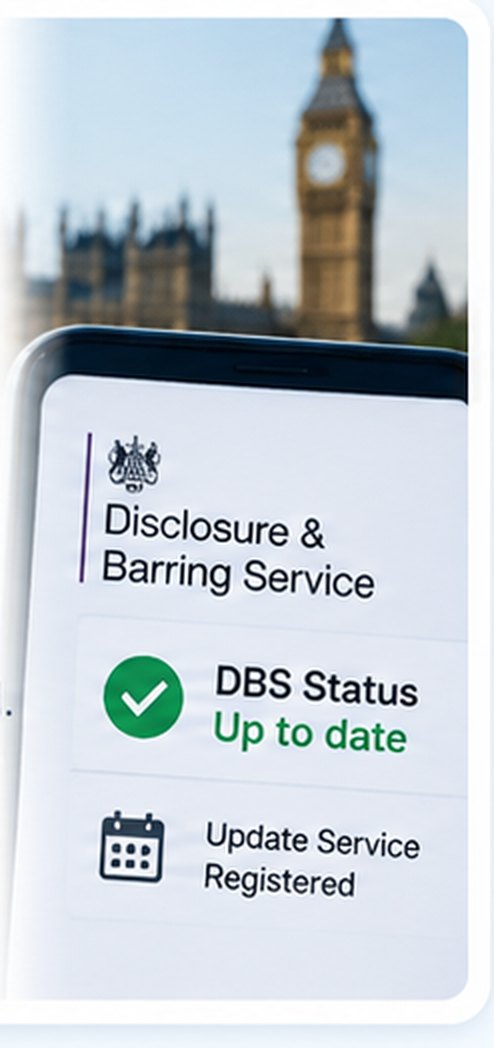 A phone showing a Disclosure and Barring Service screen with DBS status up to date and update service registered.
