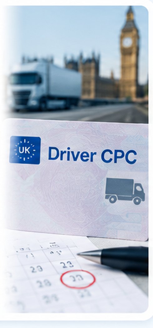 A Driver CPC card beside a calendar with a date circled &mdash; a dated certificate: issued once, valid for a fixed period, then worthless.