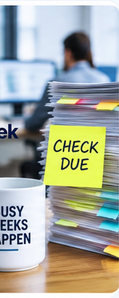 A tall stack of tabbed files beside a mug reading busy weeks happen, with a check due sticky note on top.