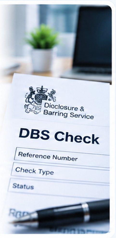 A DBS check form with reference number, check type and status fields, on a desk with a pen.