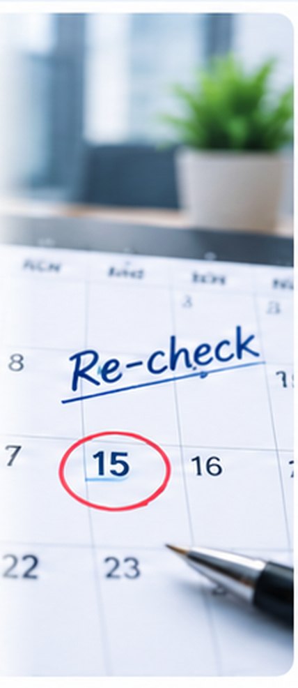 A wall calendar with the fifteenth circled and re-check written across it — a status that has to be looked at again on a cadence, not a date that runs out.