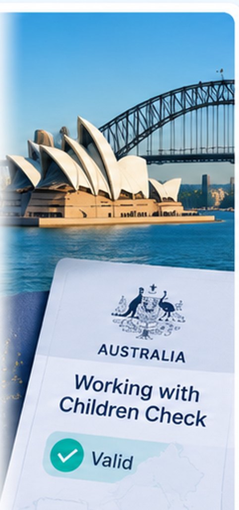 Sydney Opera House and the Harbour Bridge, with an Australian Working with Children Check marked valid.