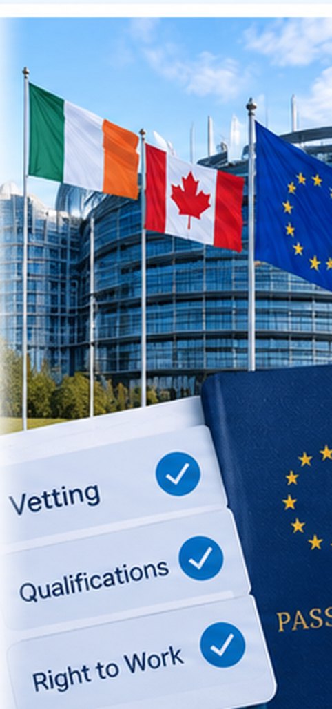 Irish, Canadian and EU flags outside an institution, with a passport and cards for vetting, qualifications and right to work, each ticked.