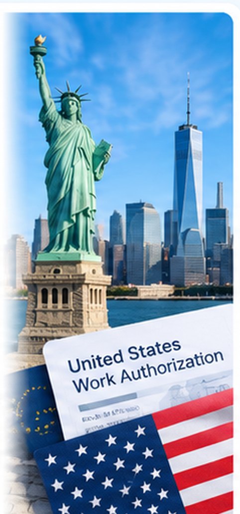The Statue of Liberty and the New York skyline, with a United States work authorization document and a flag.