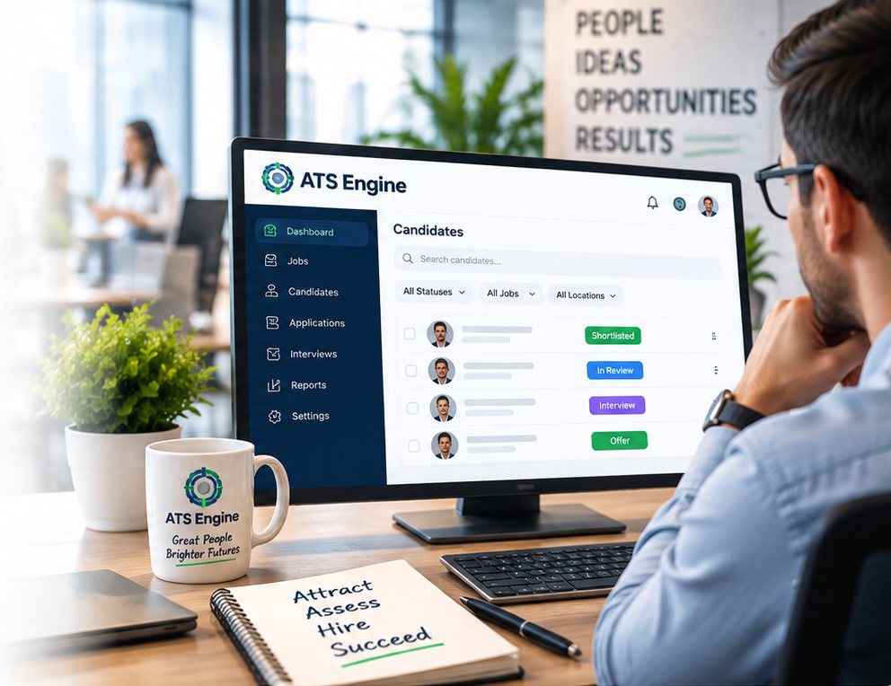 A recruiter at a monitor showing the ATS Engine candidate list filtered by status, job and location, with candidates marked shortlisted, in review, interview and offer, beside a notebook reading attract, assess, hire, succeed.